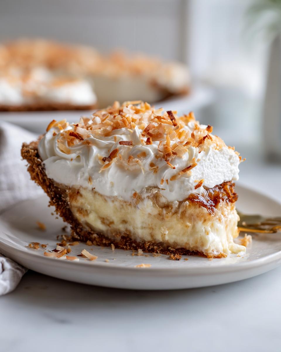 A slice of creamy coconut cream pie topped with whipped cream and toasted coconut flakes.