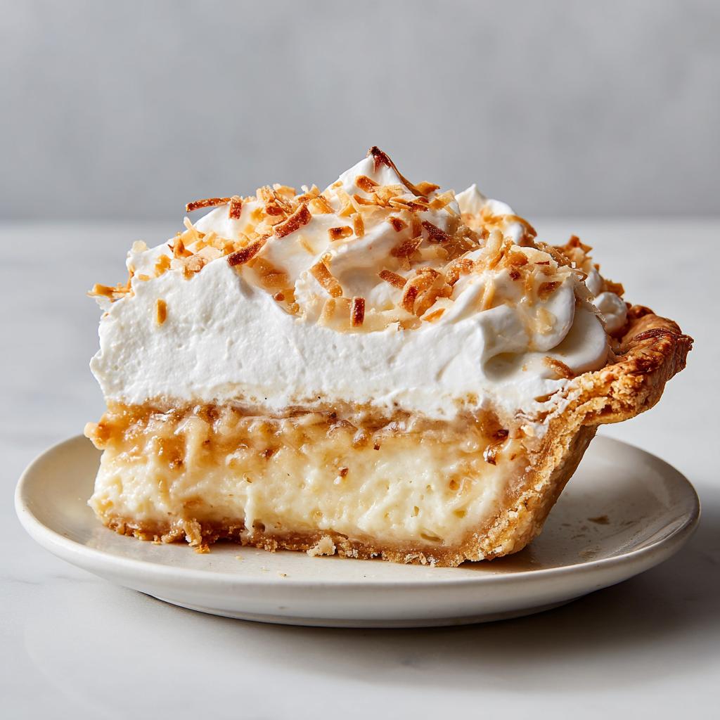A generous slice of coconut cream pie with whipped cream and toasted coconut flakes, perfect for holiday tables.