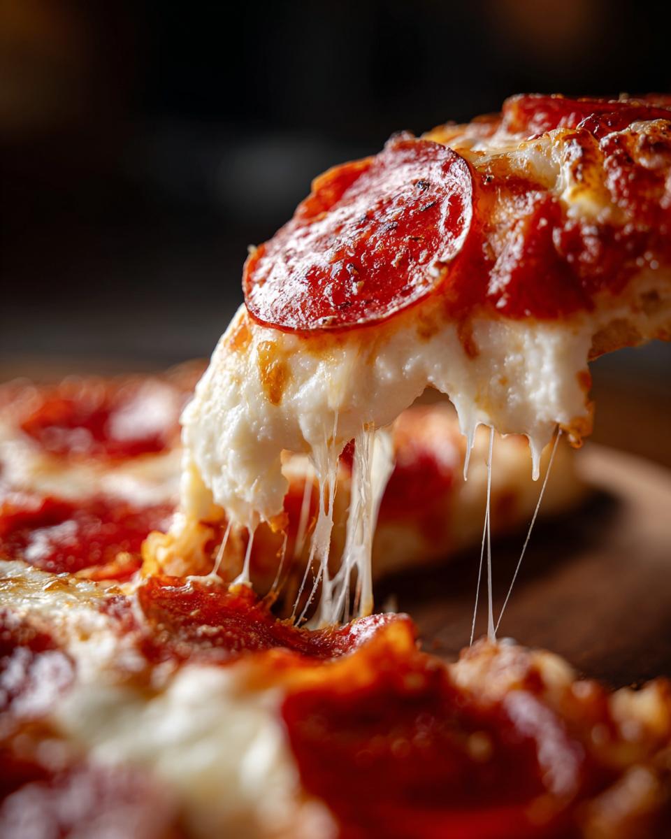 A slice of cottage cheese pizza bowl with pepperoni, showing a long, gooey cheese pull.