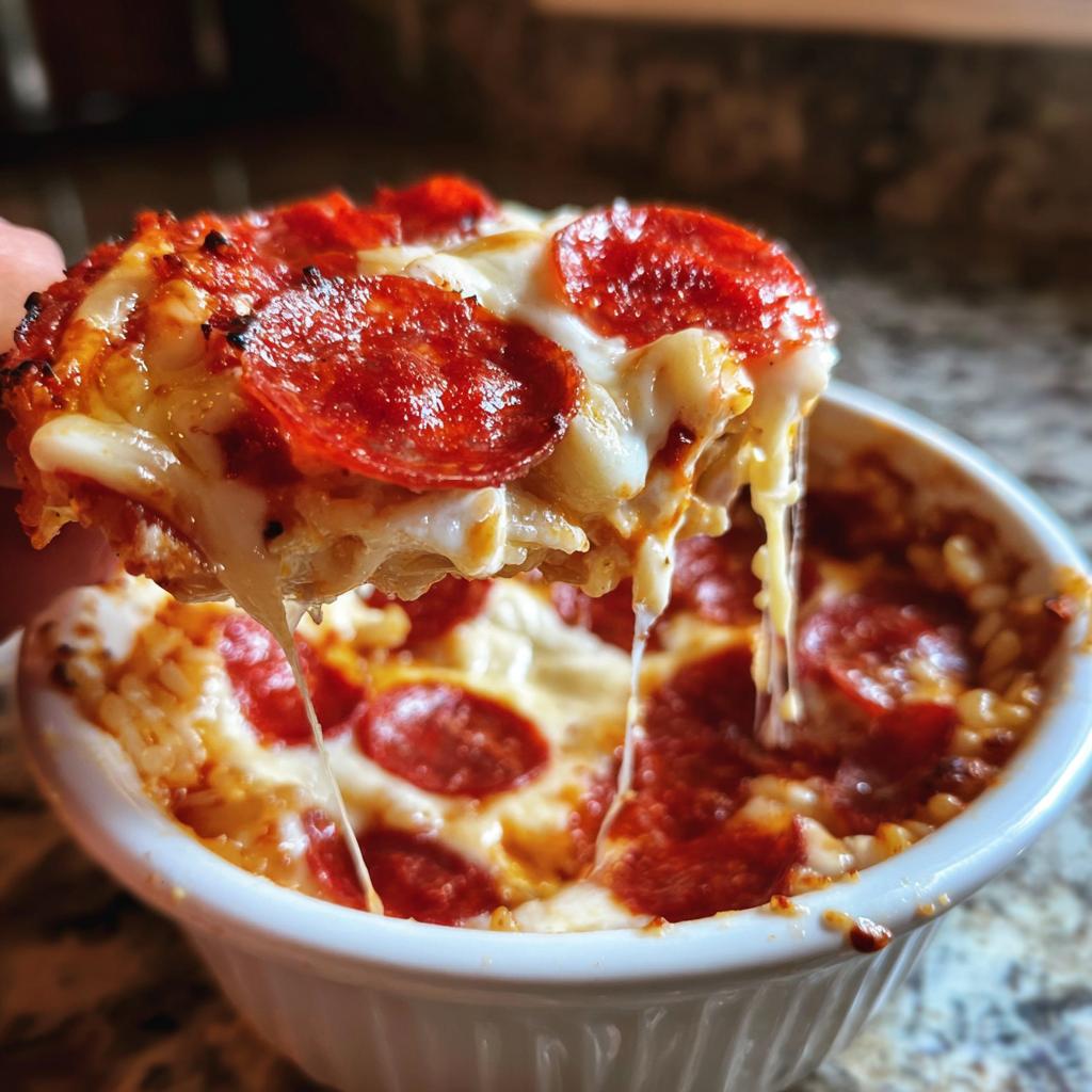 A slice of Cottage Cheese Pizza Bowl topped with melted cheese and pepperoni, being lifted from the bowl.