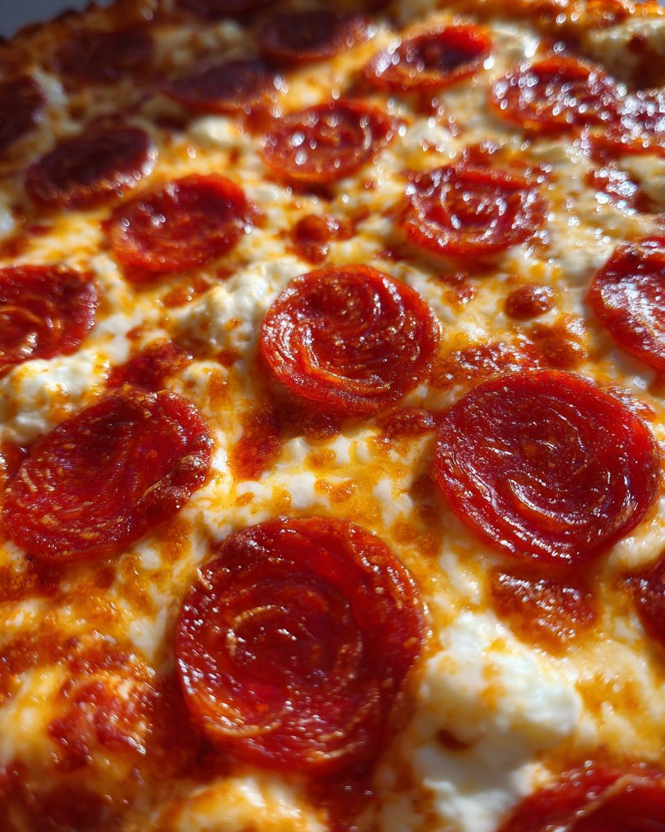 Close-up of a delicious Cottage Cheese Pizza Bowl topped with melted cheese and pepperoni slices.