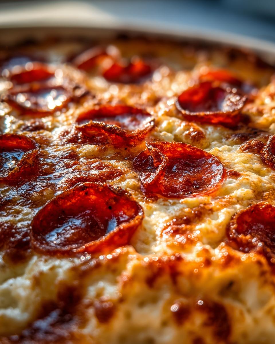 Close-up of a bubbling Cottage Cheese Pizza Bowl topped with crispy pepperoni slices and melted cheese.