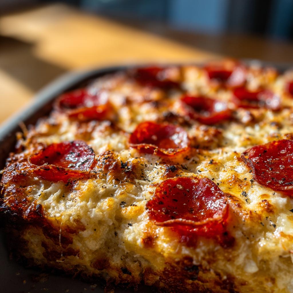 A close-up of a baked Cottage Cheese Pizza Bowl topped with melted cheese and pepperoni slices.