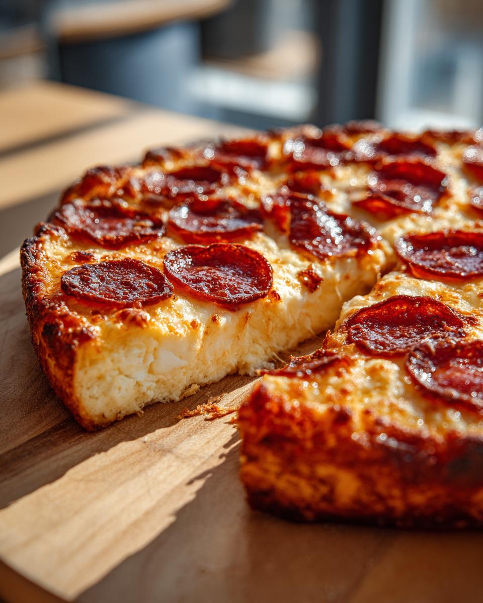 A slice of Cottage Cheese Pizza Bowl topped with melted cheese and pepperoni slices on a wooden board.