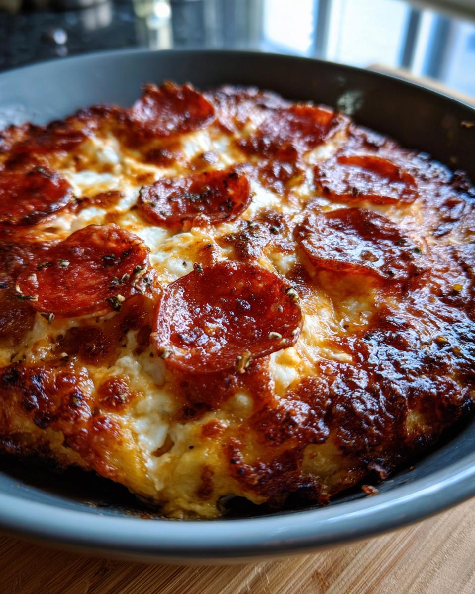 Close-up of a Cottage Cheese Pizza Bowl topped with melted cheese and pepperoni slices.