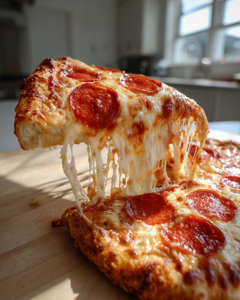 A slice of Cottage Cheese Pizza Bowl with melted cheese stretching, topped with pepperoni slices.