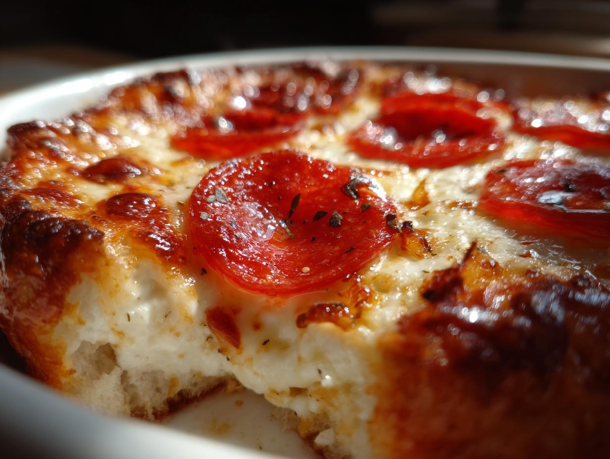 A close-up, mouth-watering view of a Cottage Cheese Pizza Bowl topped with melted cheese and pepperoni slices.
