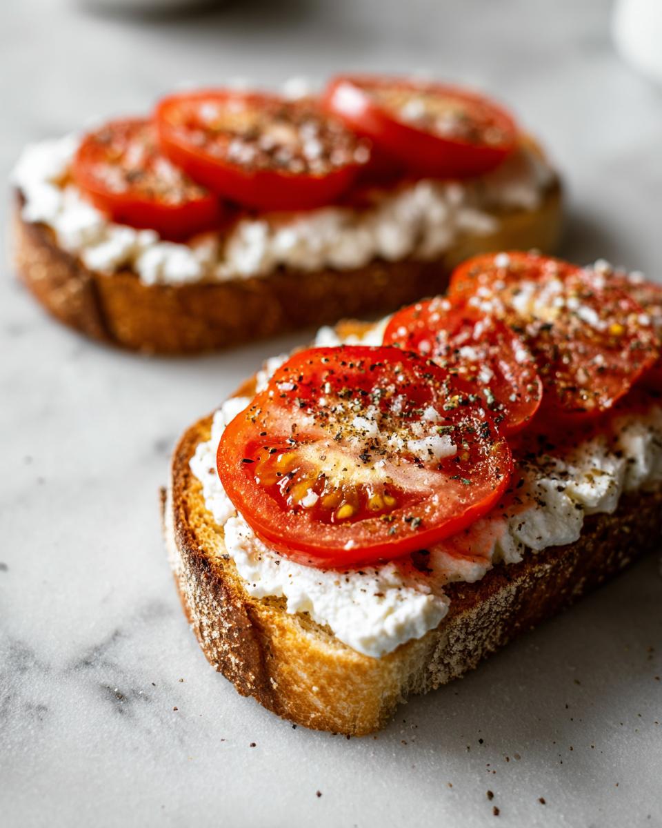 Close-up of cottage cheese toast topped with fresh tomato slices and seasoned with pepper.