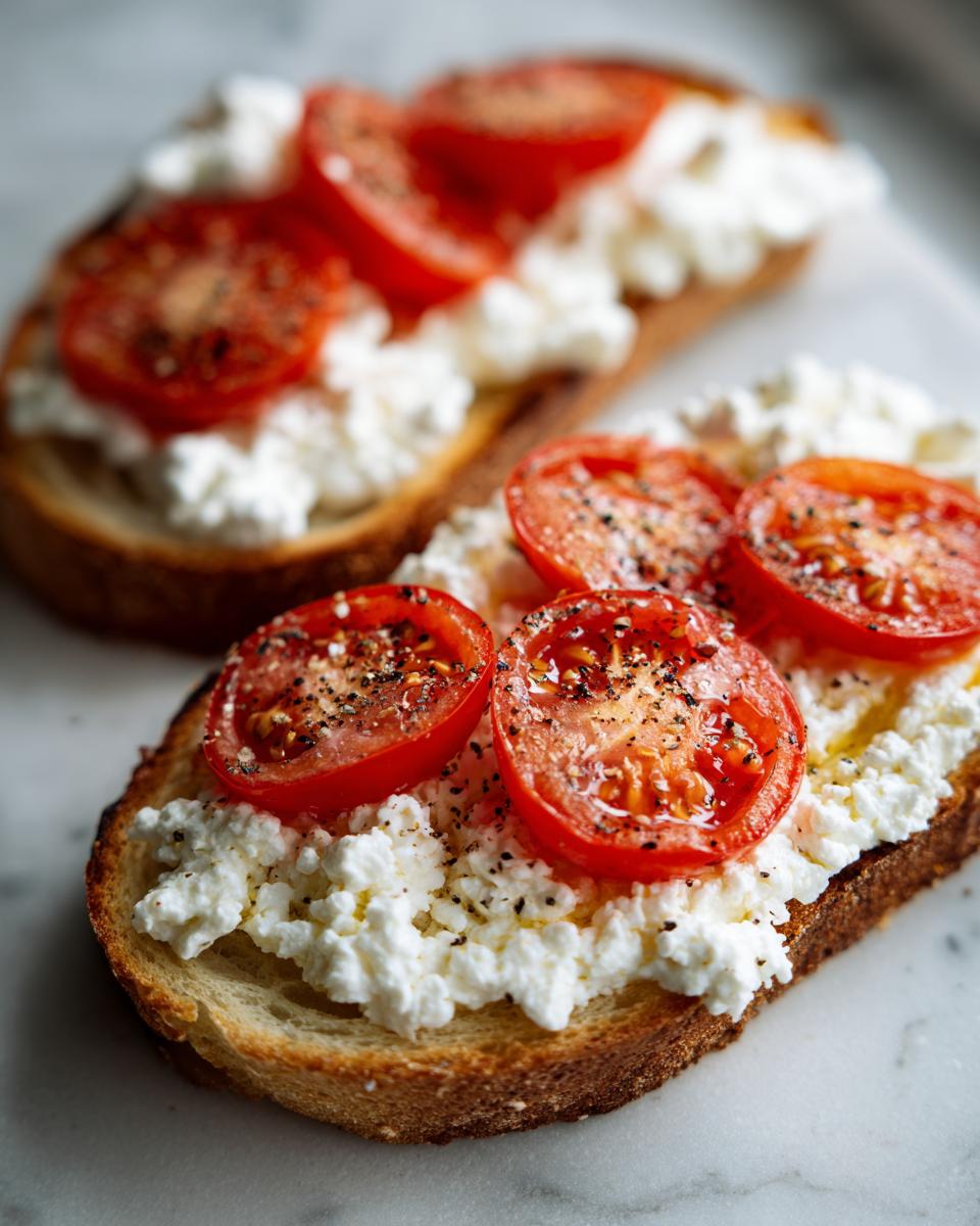 Close-up of cottage cheese toast topped with sliced tomatoes and black pepper, a healthy lunch idea.