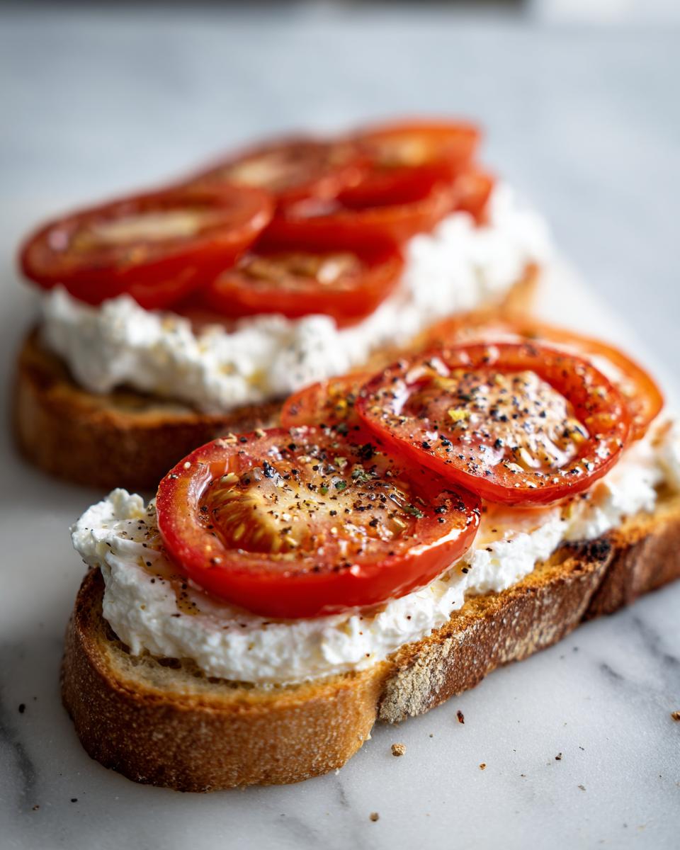 Close-up of cottage cheese toast topped with fresh tomato slices and cracked black pepper, a healthy lunch idea.
