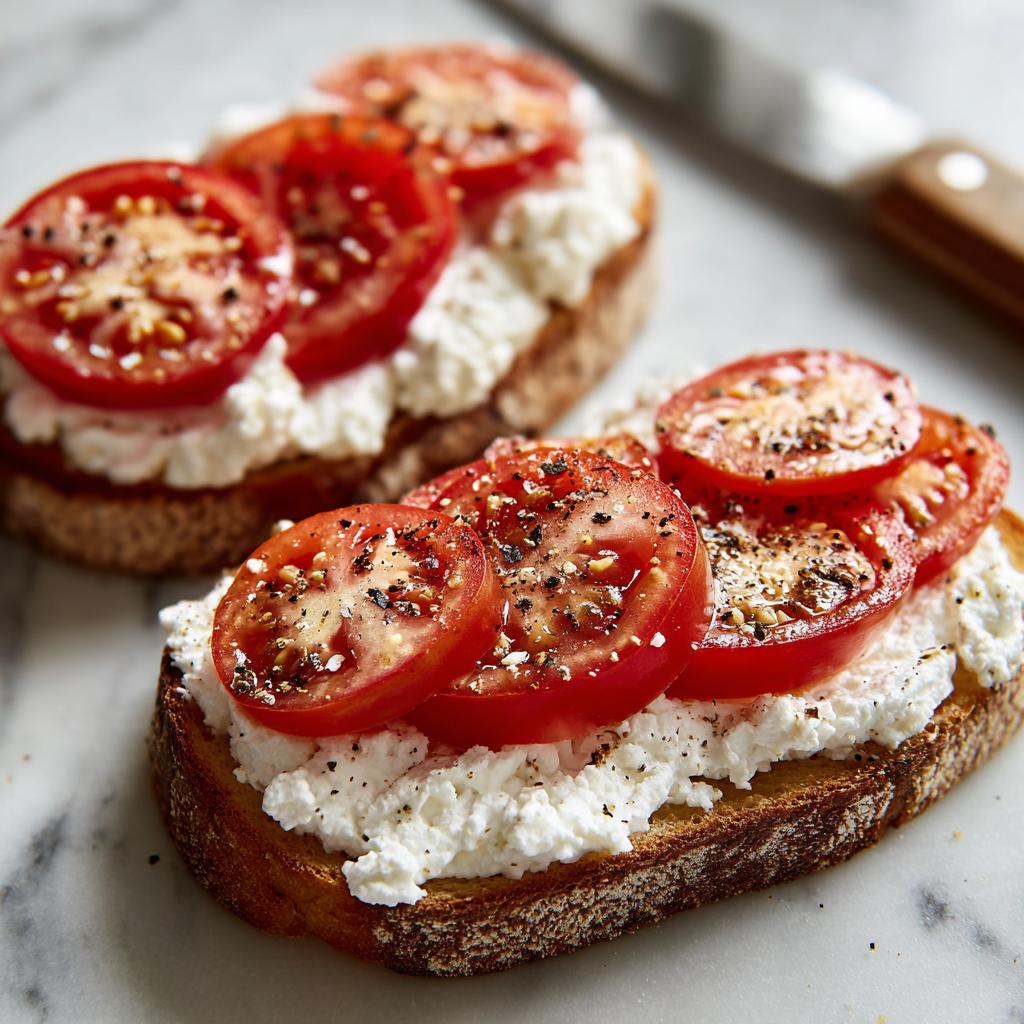 Two slices of cottage cheese toast topped with fresh tomatoes and cracked black pepper, part of healthy lunch ideas.