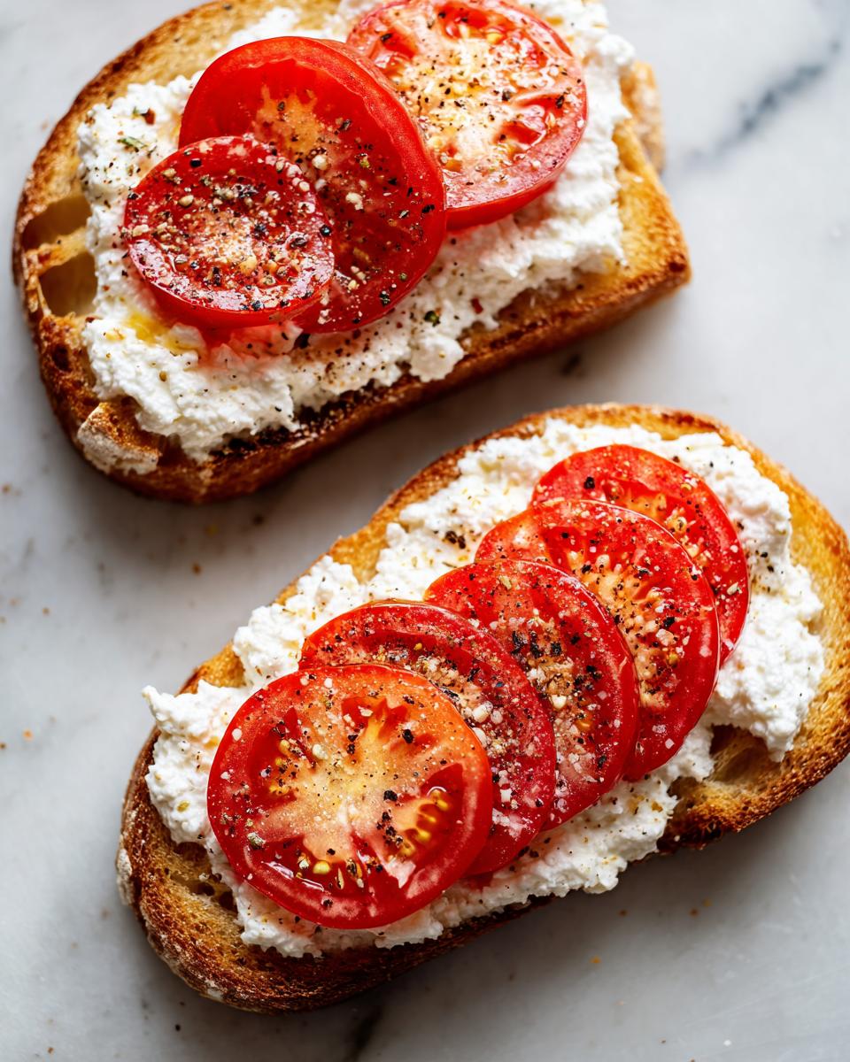 Two slices of cottage cheese toast topped with fresh tomato slices and cracked black pepper. Healthy lunch idea.