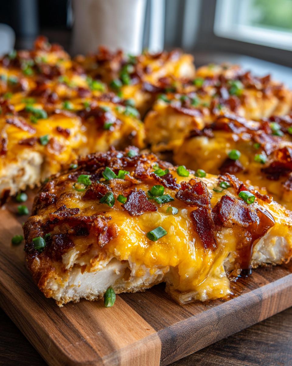A close-up of Cowboy BBQ Bacon Cheddar Chicken, topped with melted cheddar cheese, crispy bacon, and green onions.