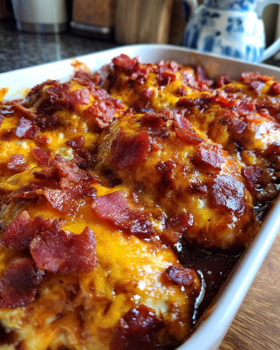 Close-up of Cowboy BBQ Bacon Cheddar Chicken baked in a dish, topped with melted cheddar cheese and crispy bacon.