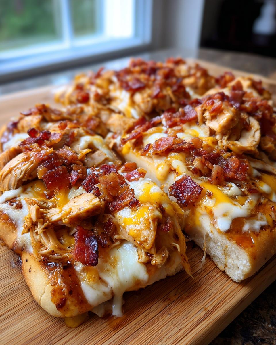 Close-up of Cowboy BBQ Bacon Cheddar Chicken pizza slices, topped with melted cheese and crispy bacon.