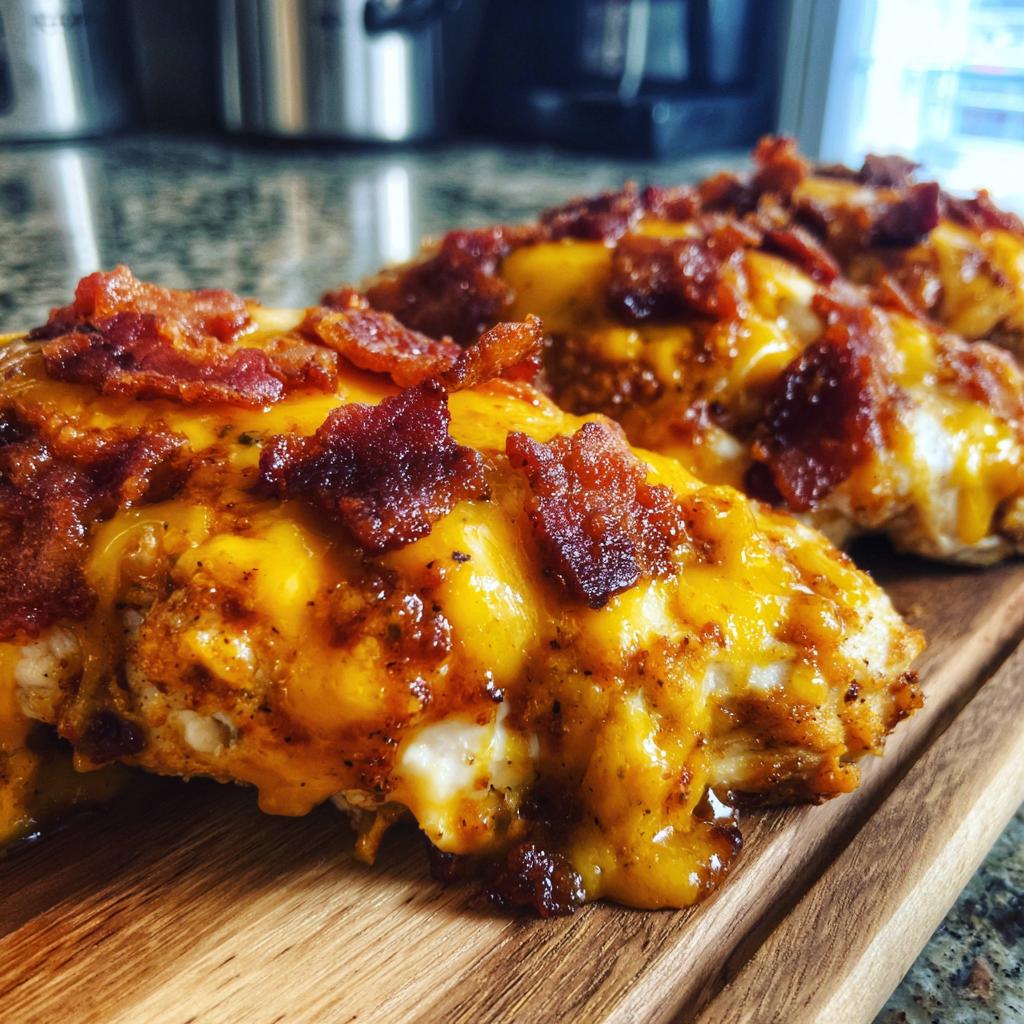 A close-up view of Cowboy BBQ Bacon Cheddar Chicken, featuring melted cheddar cheese and crispy bacon on top.