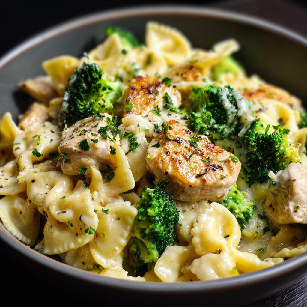 A close-up of Cowboy Butter Lemon Bowtie Chicken Pasta with Broccoli, featuring tender chicken pieces, vibrant broccoli florets, and bow-tie pasta in a creamy sauce.