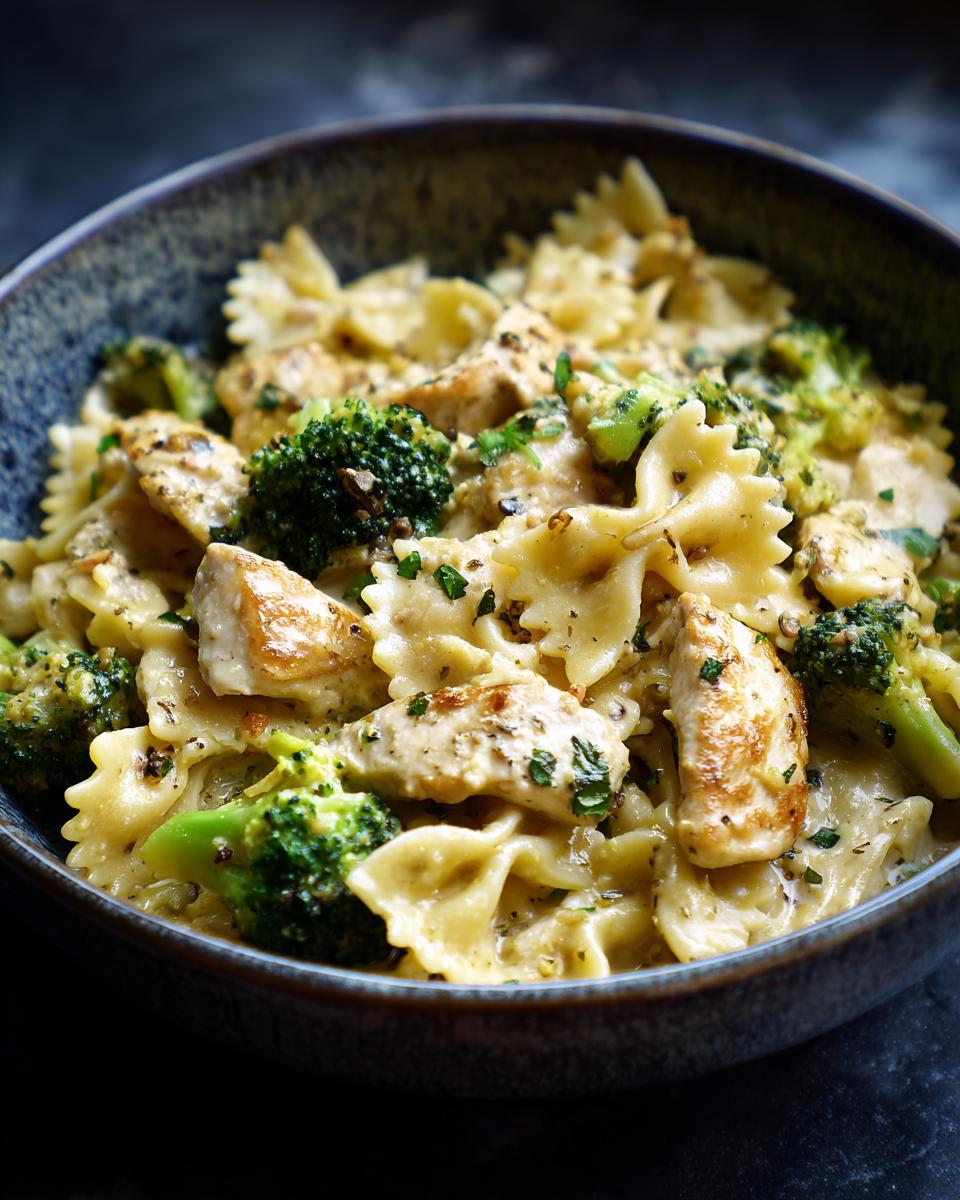 A bowl of Cowboy Butter Lemon Bowtie Chicken Pasta with Broccoli, featuring tender chicken pieces, vibrant broccoli florets, and bow-tie pasta in a creamy sauce.