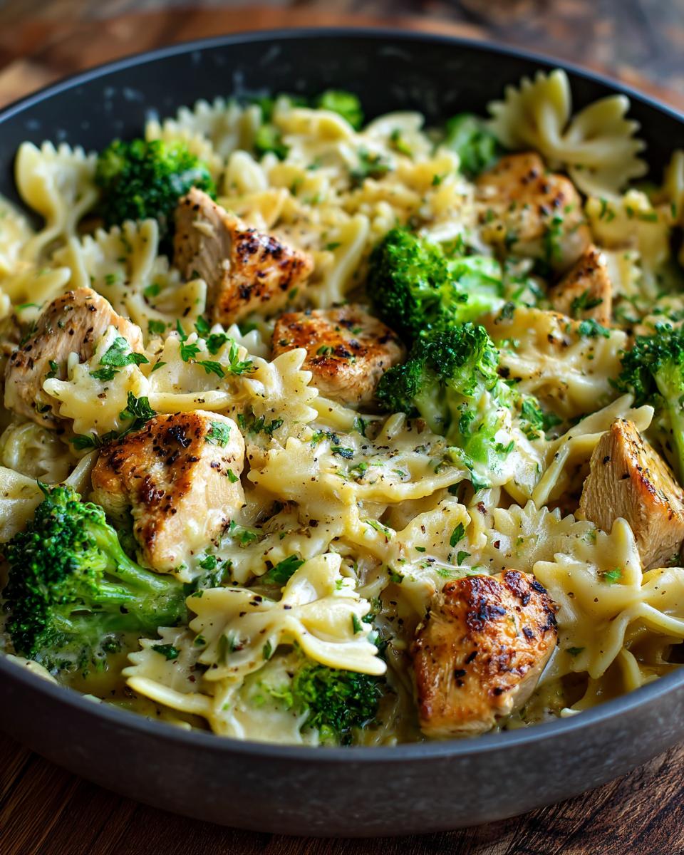 A close-up of Cowboy Butter Lemon Bowtie Chicken Pasta with Broccoli in a pan, garnished with parsley.