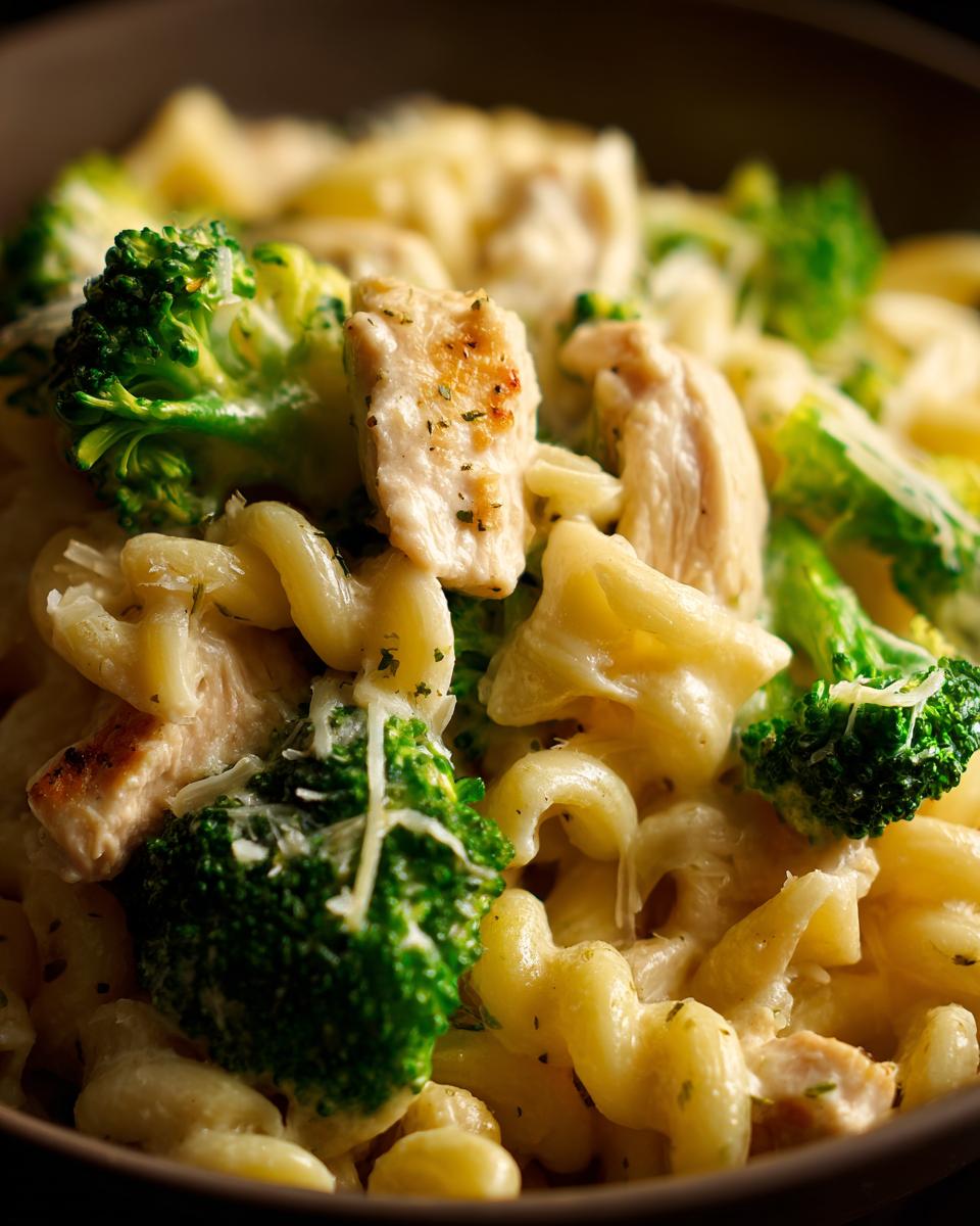 Close-up of Cowboy Butter Lemon Bowtie Chicken Pasta with Broccoli, featuring tender chicken pieces and vibrant broccoli florets in a creamy sauce.