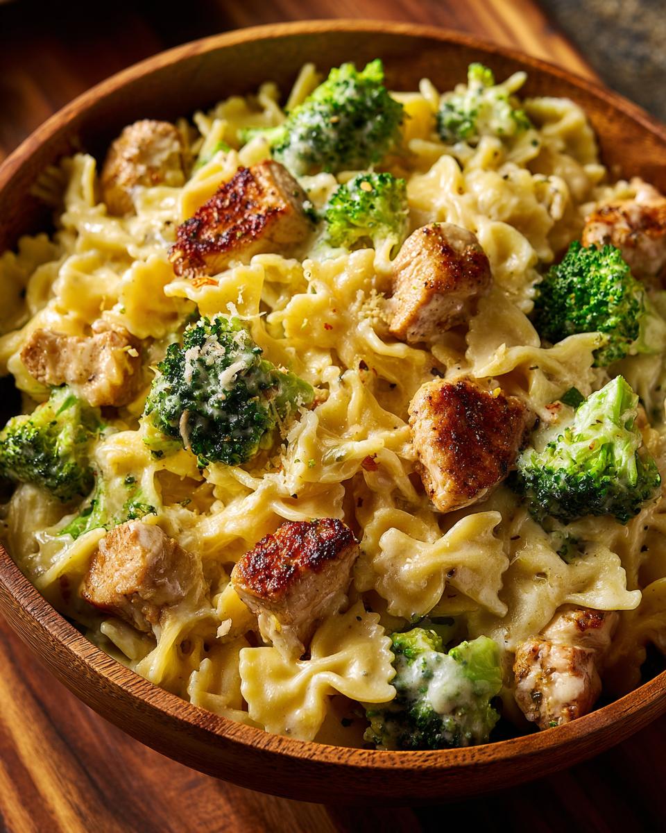 Close-up of Cowboy Butter Lemon Bowtie Chicken Pasta with Broccoli in a wooden bowl, featuring tender chicken pieces and bright green broccoli florets.