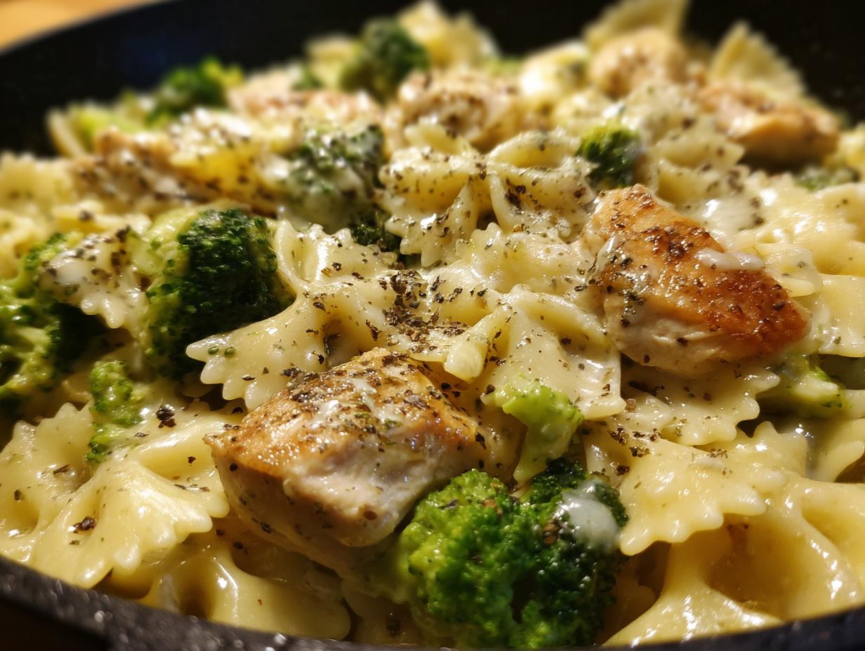 Close-up of Cowboy Butter Lemon Bowtie Chicken Pasta with Broccoli, featuring tender chicken pieces and vibrant broccoli florets tossed with bow-tie pasta in a creamy sauce.