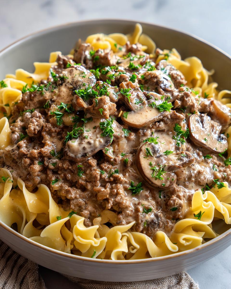 A close-up of a bowl filled with creamy beef stroganoff served over egg noodles, garnished with fresh parsley.