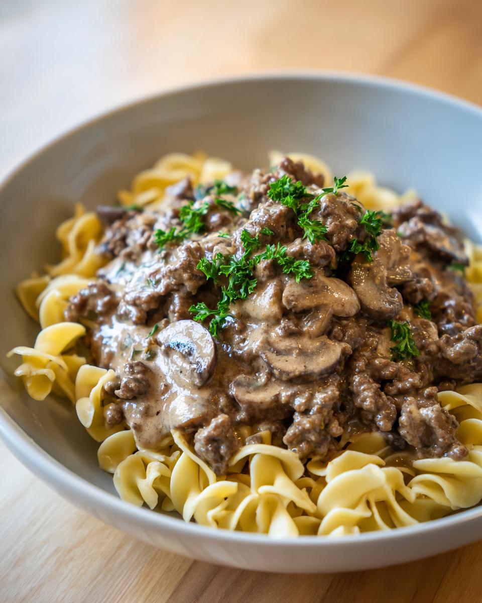 A close-up of a bowl of creamy beef stroganoff with ground beef, mushrooms, and parsley served over egg noodles.