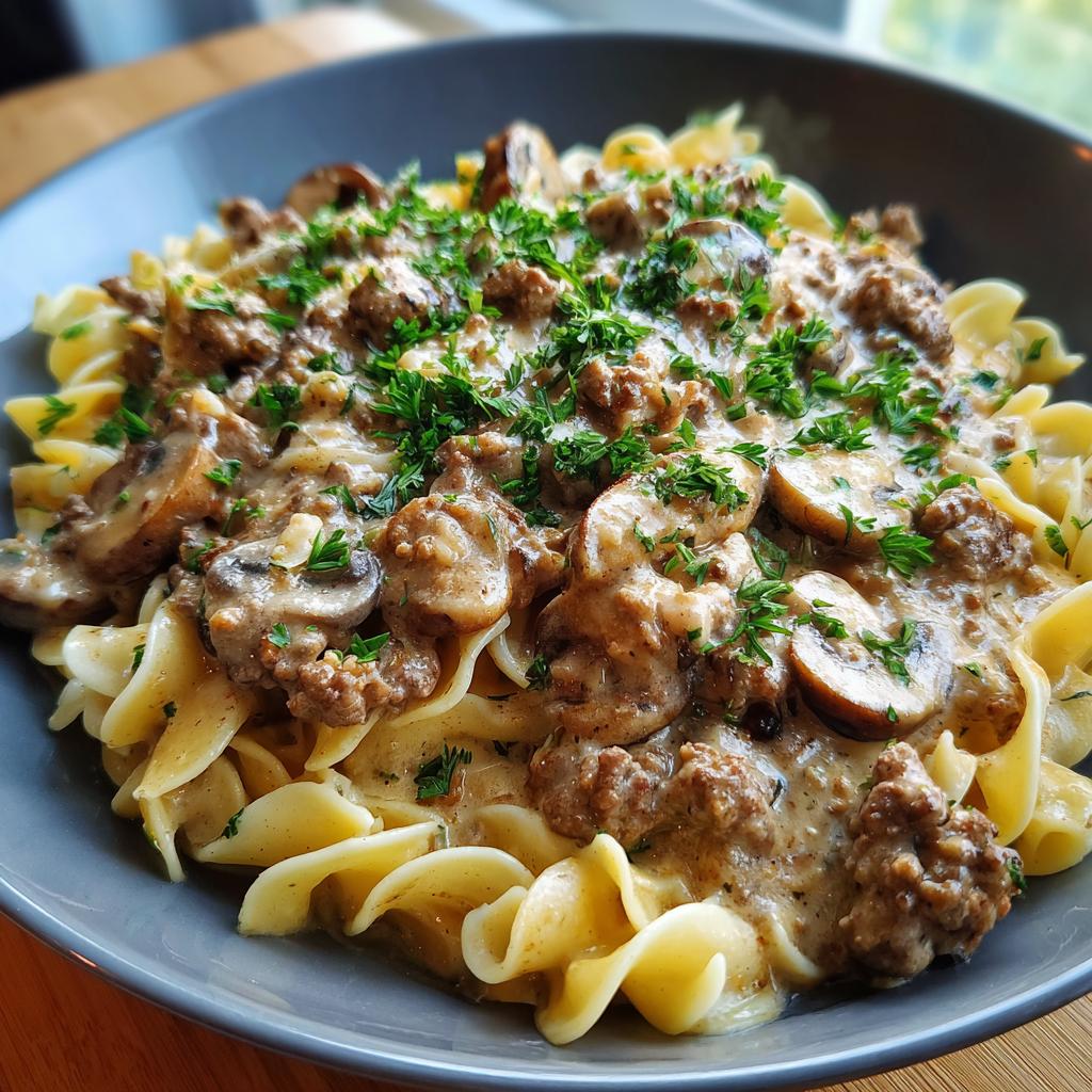 A close-up of a hearty bowl of creamy beef stroganoff with mushrooms and ground beef served over egg noodles, garnished with parsley.