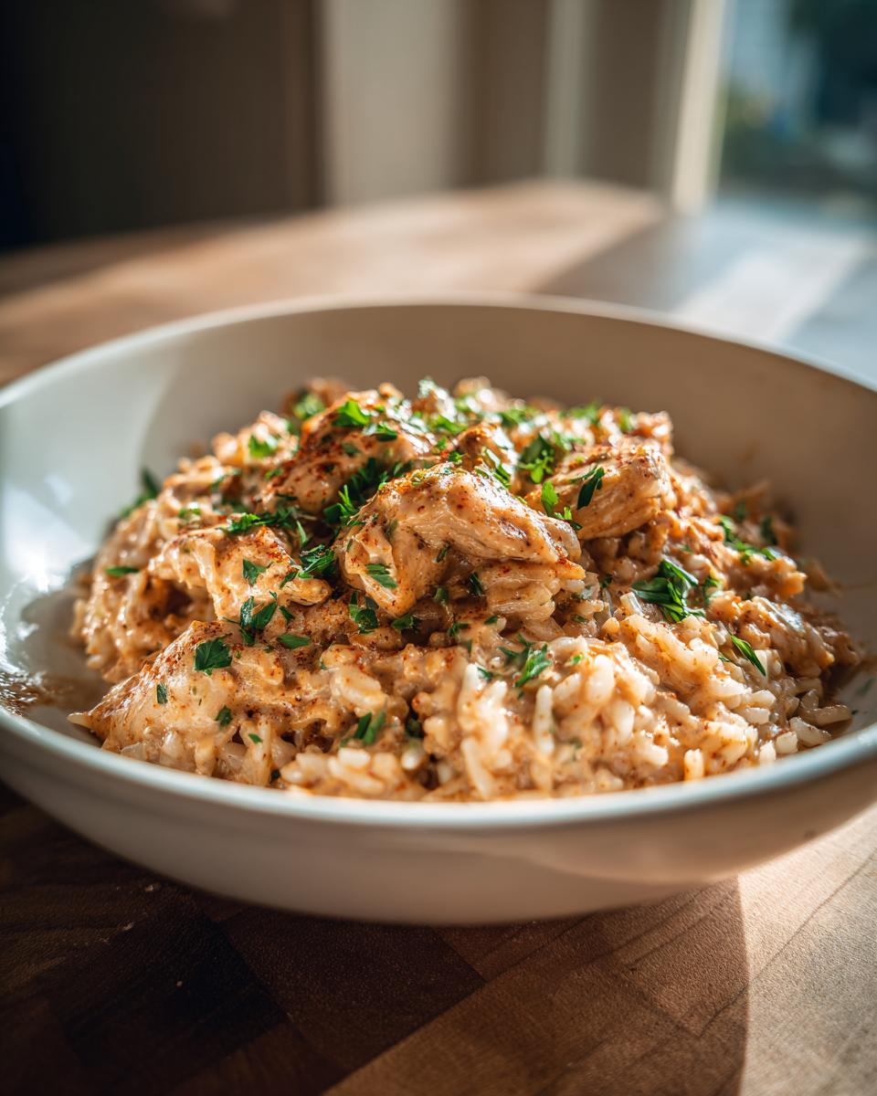 A close-up of a bowl filled with Creamy Cajun Chicken & Rice Bowls, garnished with fresh parsley.