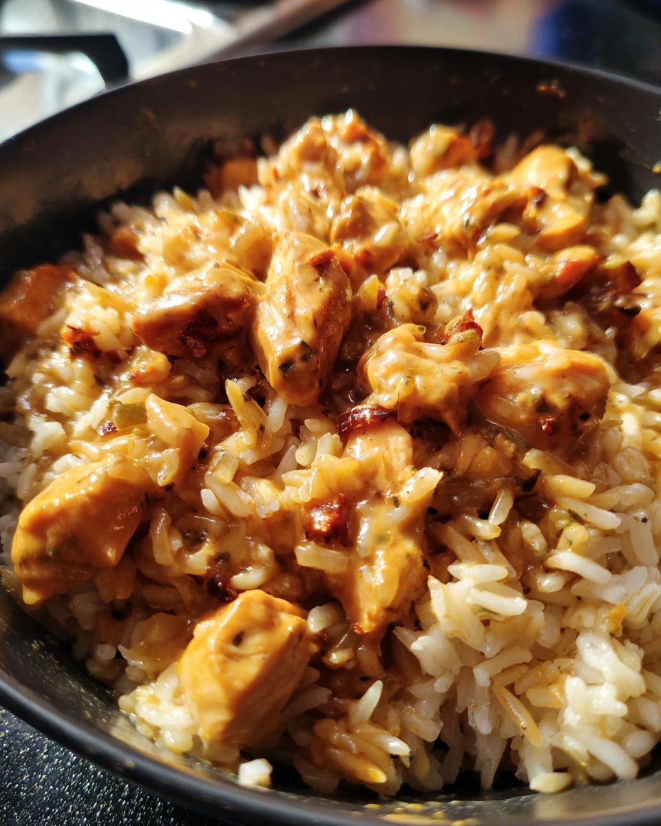 Close-up of a bowl filled with fluffy white rice topped with tender pieces of chicken in a rich, creamy Cajun sauce.