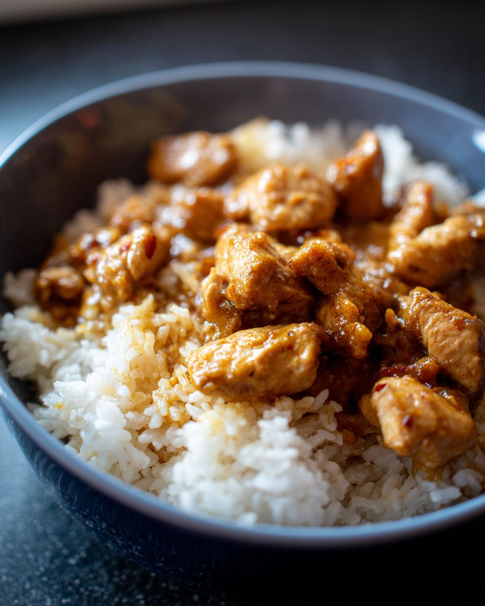 A close-up of a bowl filled with white rice topped with succulent pieces of Creamy Cajun Chicken.