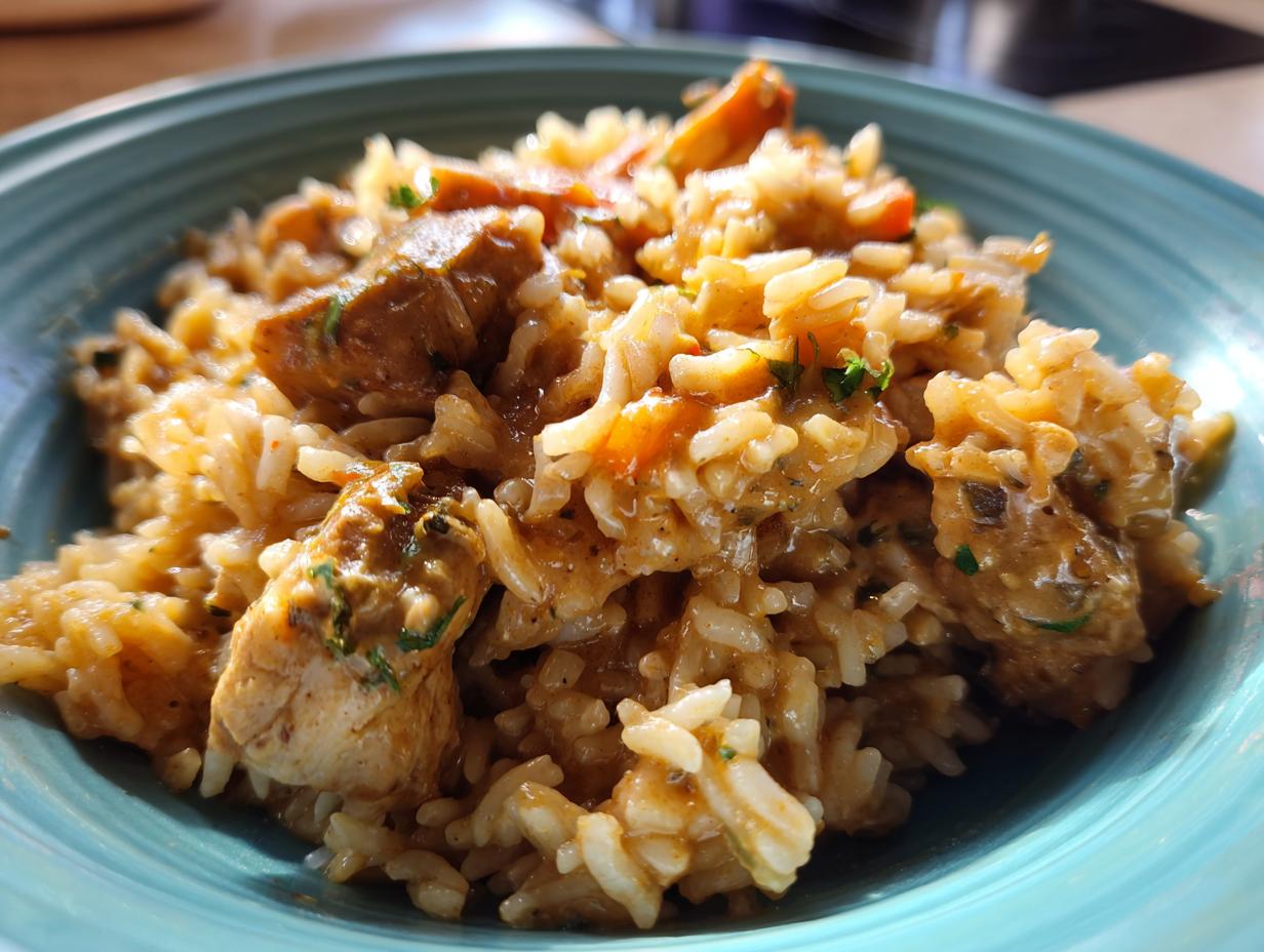 Close-up of a bowl filled with Creamy Cajun Chicken & Rice, showing tender chicken pieces mixed with fluffy rice and a rich sauce.