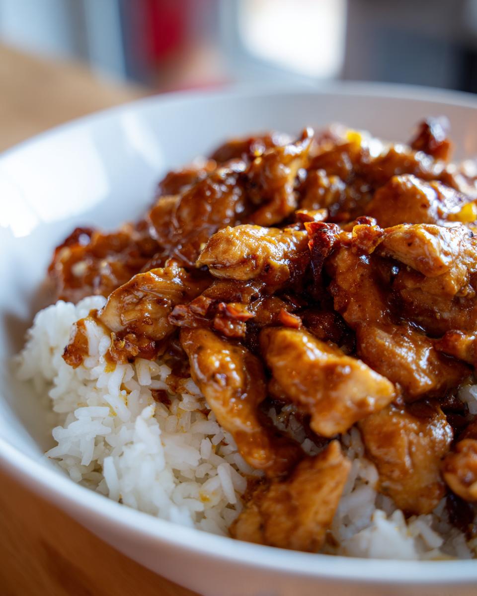 Close-up of a white bowl filled with fluffy white rice topped with succulent, glazed chicken pieces for Creamy Cajun Chicken & Rice Bowls.