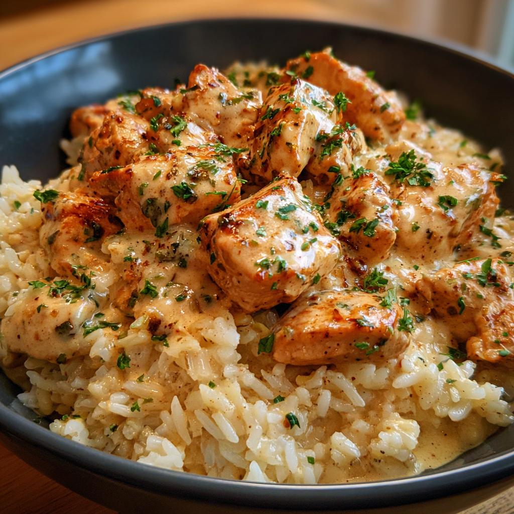 A close-up of Creamy Cajun Chicken & Rice Bowls, featuring tender chicken pieces in a rich sauce served over fluffy white rice, garnished with parsley.