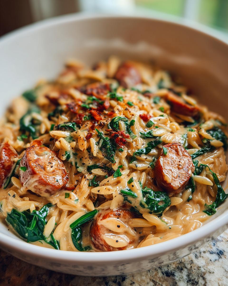 A close-up of a bowl of Creamy Chicken Sausage Orzo, featuring pasta, sausage slices, and spinach in a rich sauce.