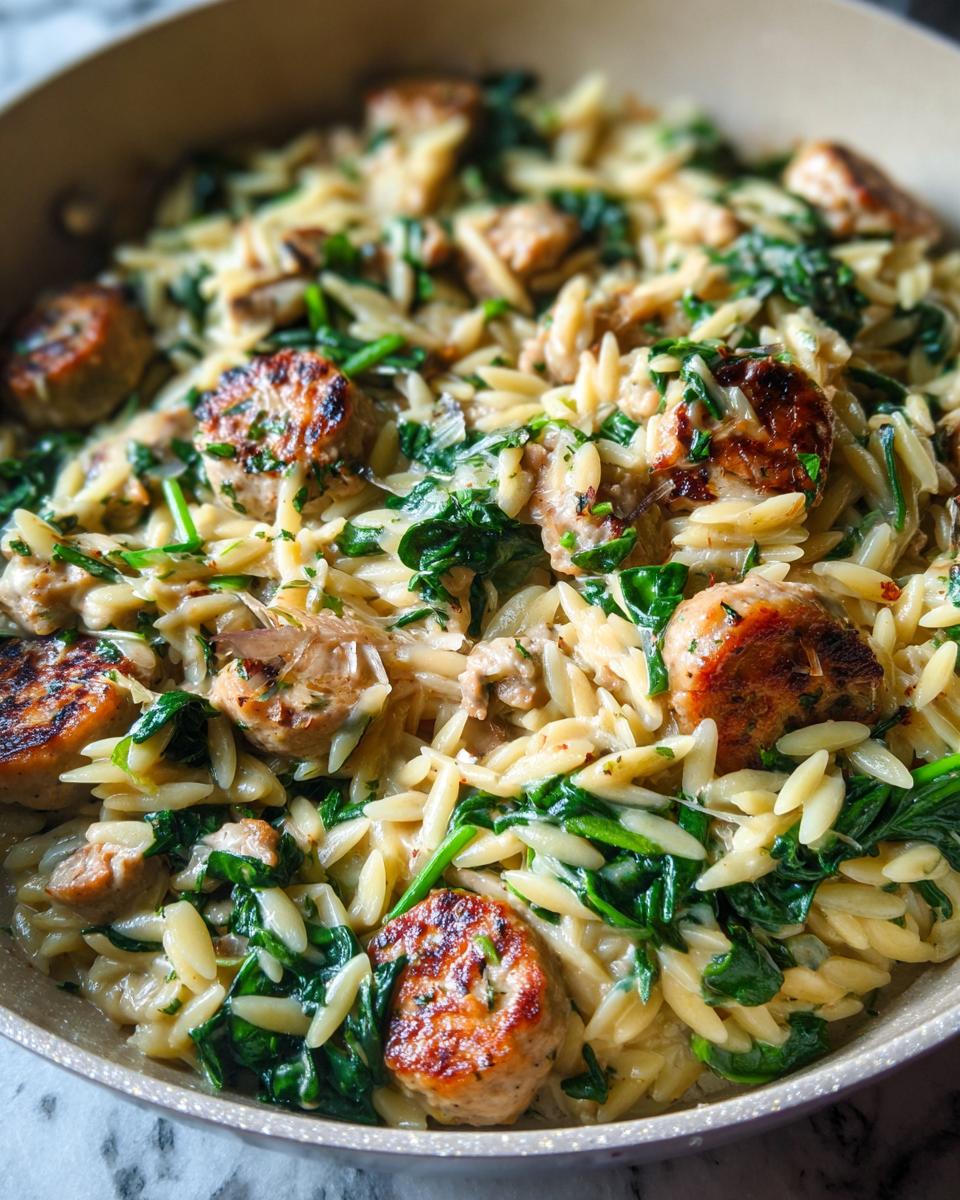 Close-up of a pan filled with creamy chicken sausage orzo and spinach, garnished with parsley.