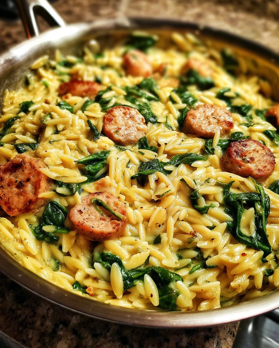 Close-up of Creamy Chicken Sausage Orzo with wilted spinach in a stainless steel skillet.