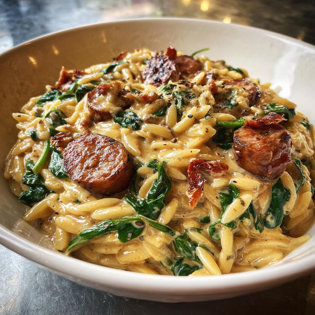 A close-up of a bowl of Creamy Chicken Sausage Orzo, featuring orzo pasta, sliced chicken sausage, and wilted spinach in a rich sauce.