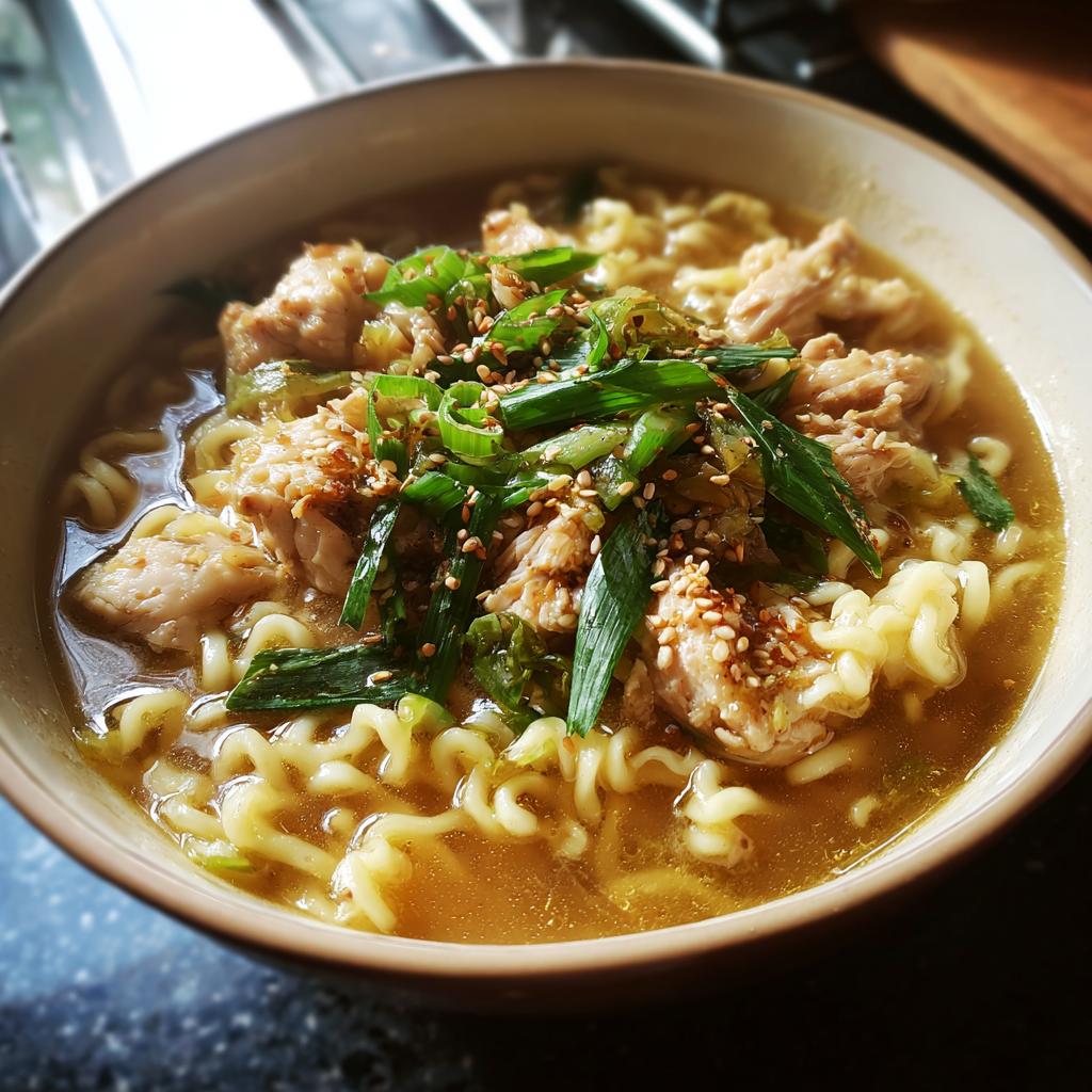 A close-up of a steaming bowl of Creamy Garlic Chicken Ramen, topped with shredded chicken, green onions, and sesame seeds.