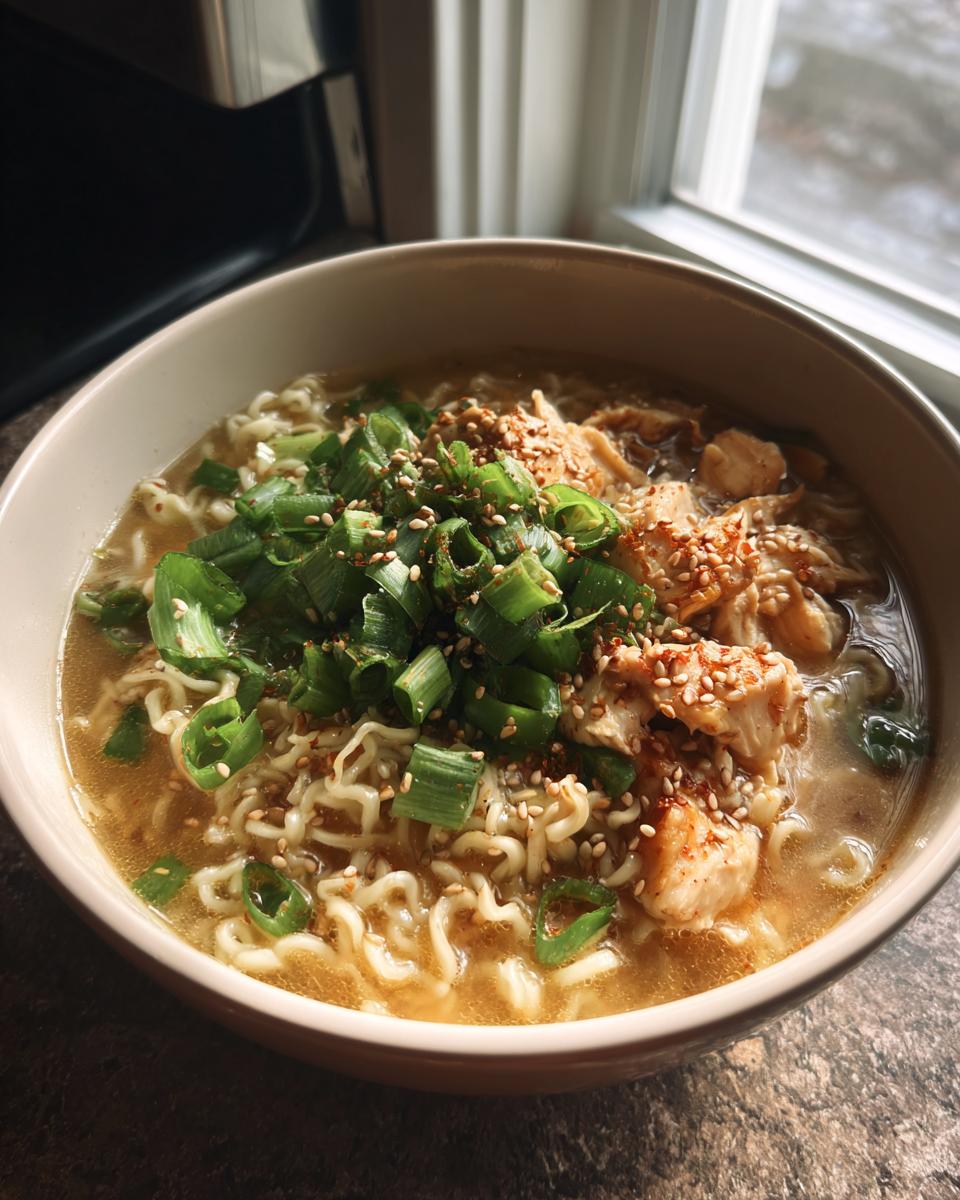 A close-up of a bowl of Creamy Garlic Chicken Ramen, topped with chopped green onions and sesame seeds.