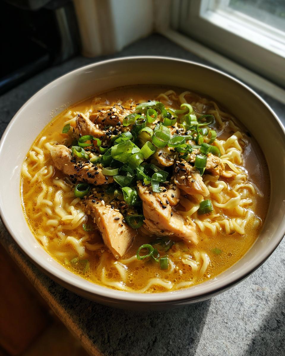 A close-up of a bowl of Creamy Garlic Chicken Ramen, topped with sliced chicken, green onions, and sesame seeds.