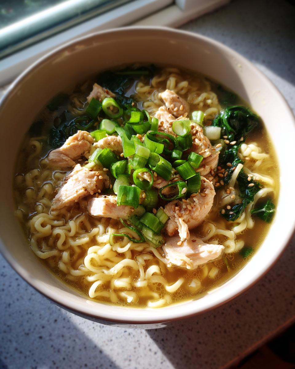 A delicious bowl of Creamy Garlic Chicken Ramen, topped with sliced chicken, green onions, and sesame seeds.
