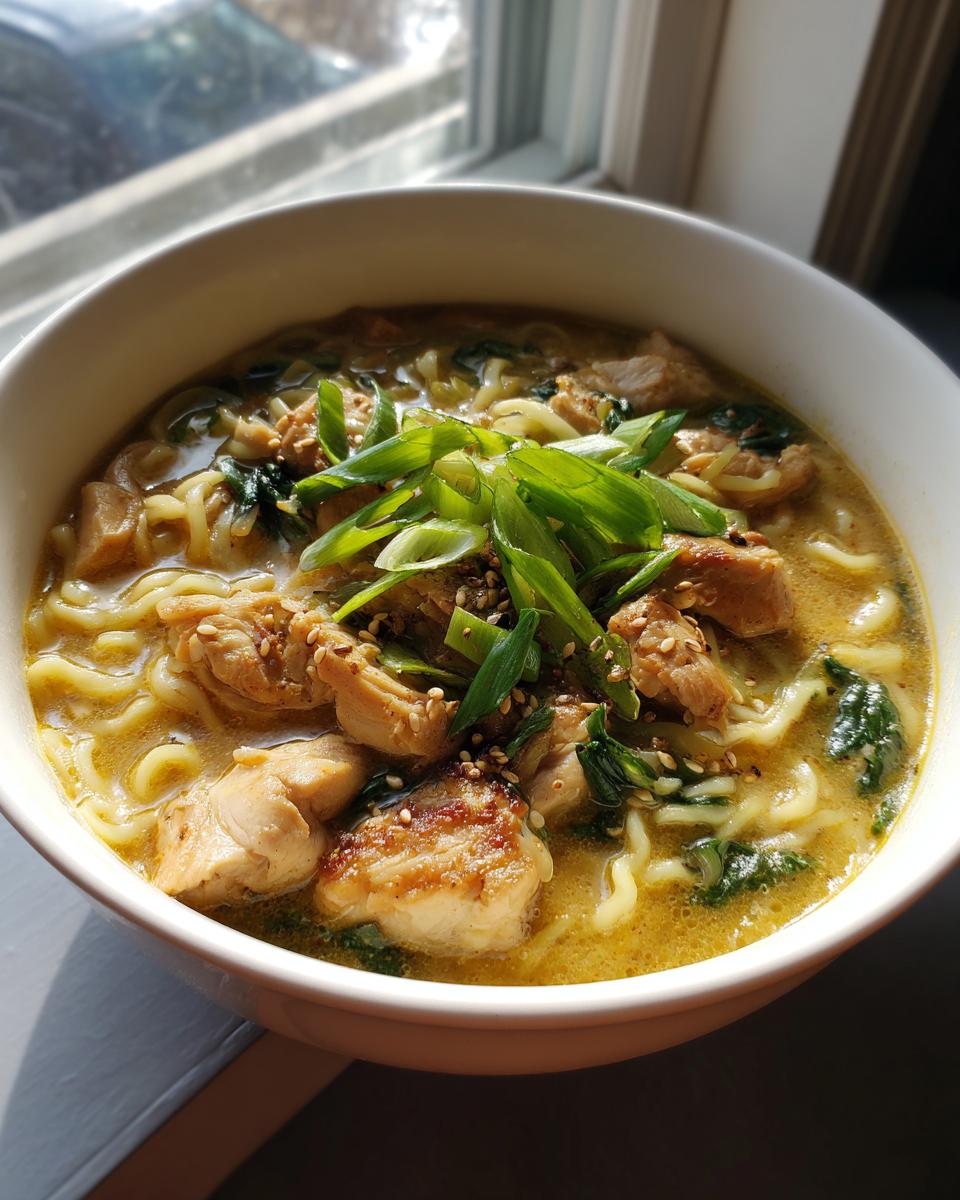A close-up of a bowl of Creamy Garlic Chicken Ramen, topped with green onions and sesame seeds.