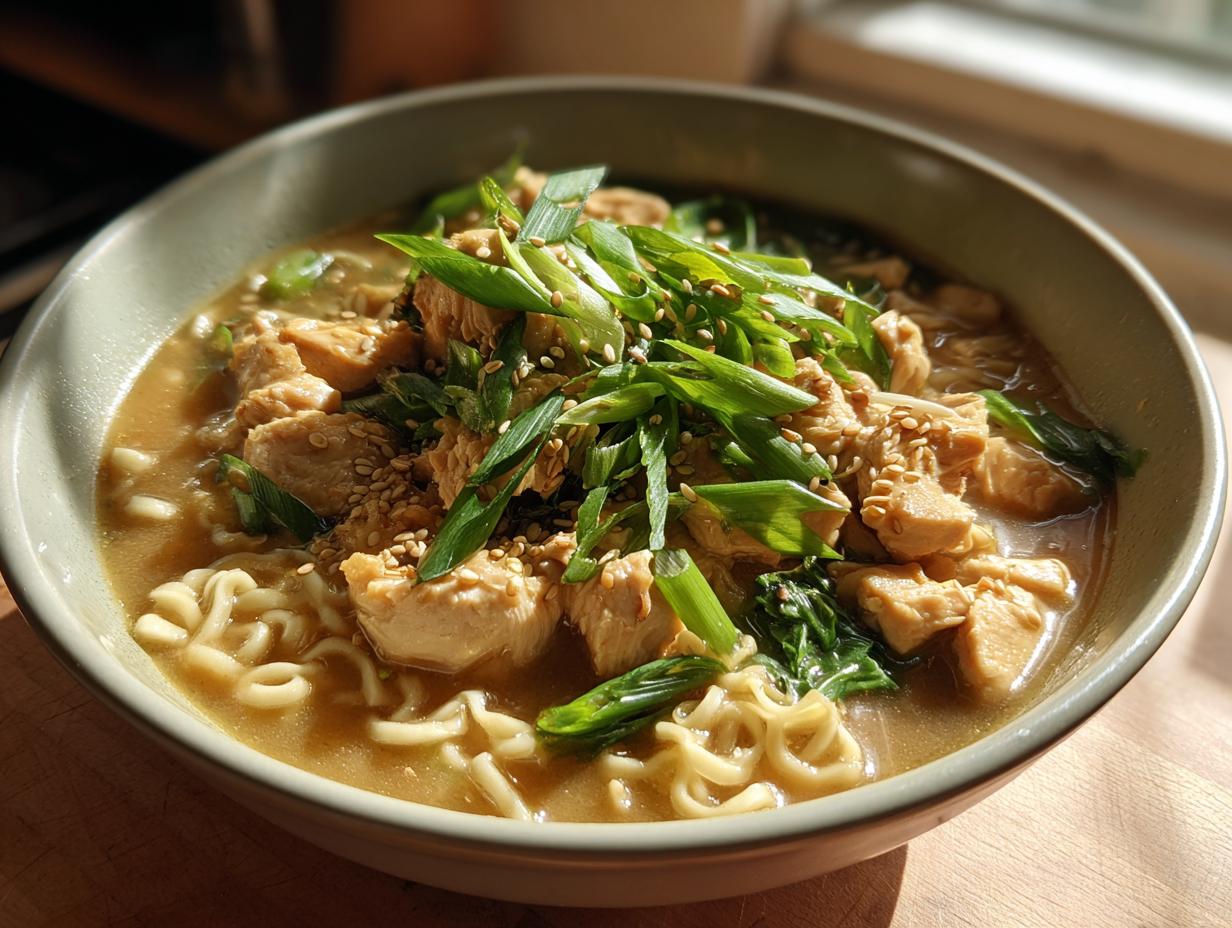 A close-up of a bowl of Creamy Garlic Chicken Ramen, topped with chicken pieces, green onions, and sesame seeds.