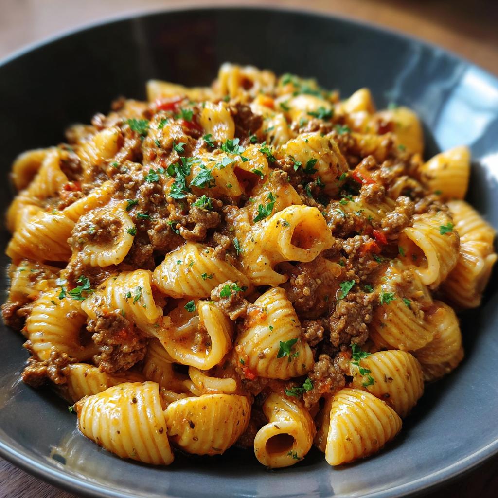 A bowl of Creamy High Protein Beef Pasta, garnished with fresh parsley.