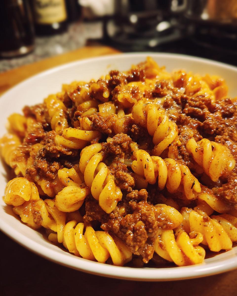 A close-up of a bowl filled with creamy high protein beef pasta, featuring fusilli noodles and a rich meat sauce.