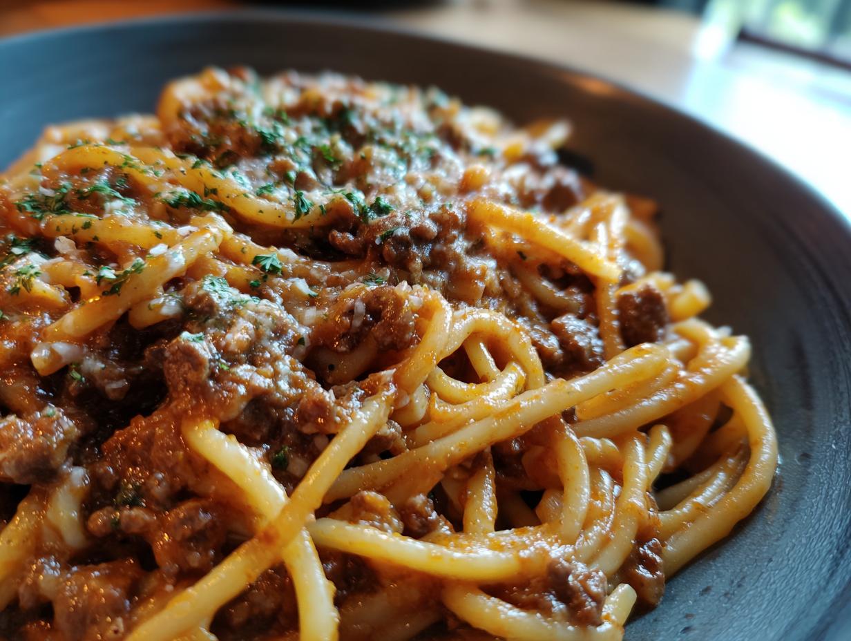 Close-up of a bowl of Creamy High Protein Beef Pasta, showing rich meat sauce coating the noodles and sprinkled with herbs.