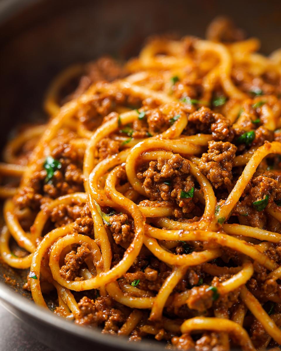 Close-up shot of a bowl of Creamy High Protein Beef Pasta, showing twirled spaghetti coated in a rich meat sauce.