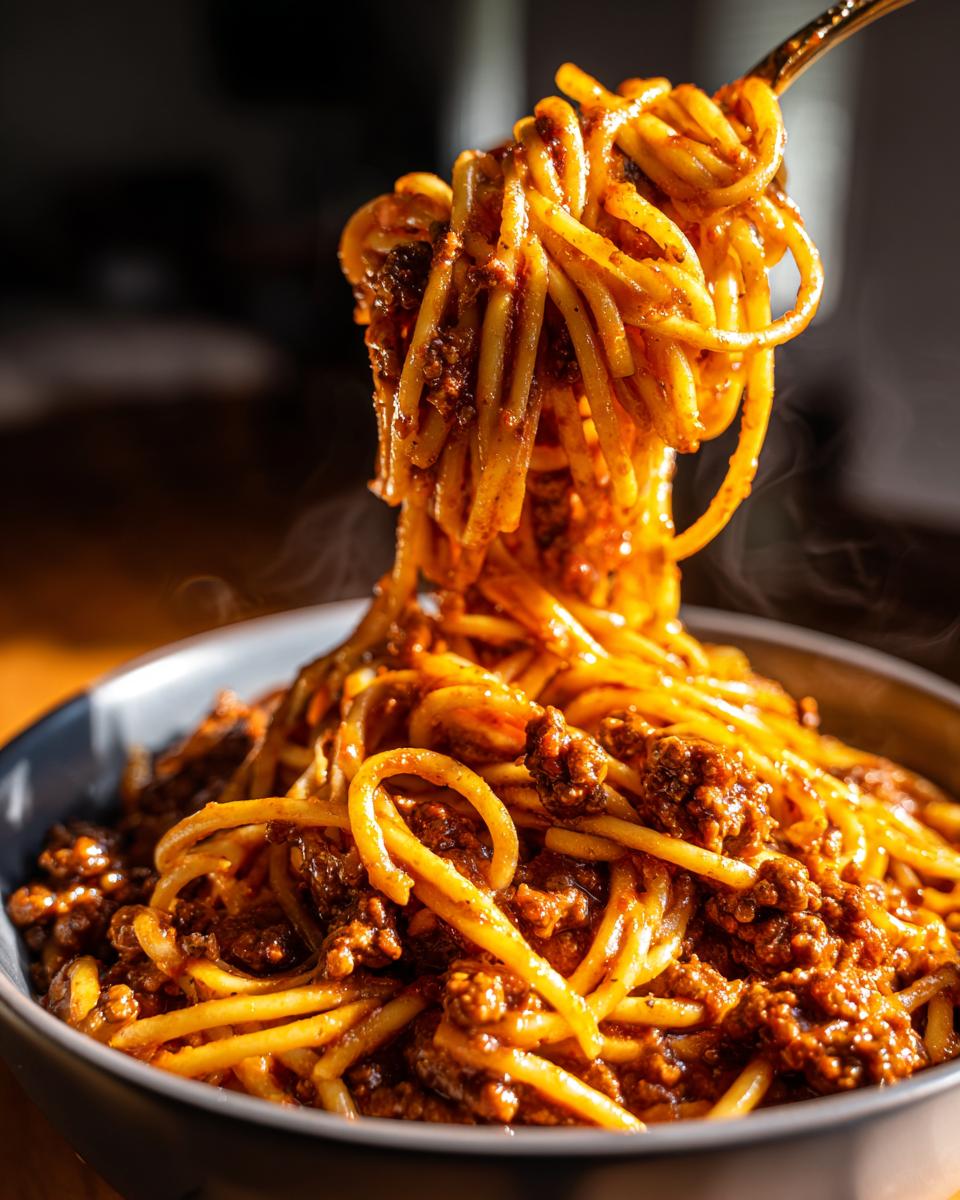 A fork twirling a generous portion of creamy high protein beef pasta, with steam rising from the dish.